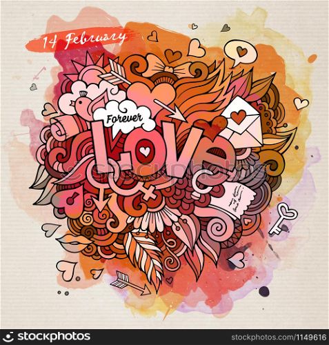 Love hand lettering and doodles elements. Vector watercolor illustration