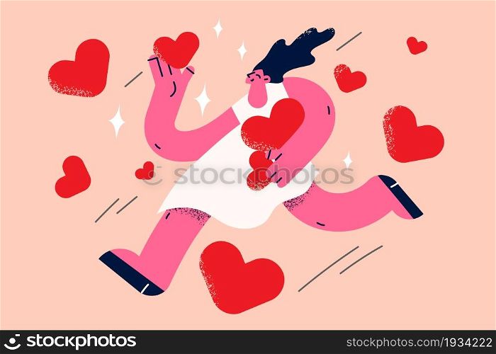 Love, happiness and positive emotions concept. Young smiling woman cartoon character walking collecting red hearts in hands feeling love vector illustration . Love, happiness and positive emotions concept.