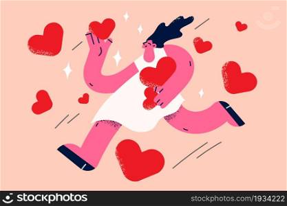 Love, happiness and positive emotions concept. Young smiling woman cartoon character walking collecting red hearts in hands feeling love vector illustration . Love, happiness and positive emotions concept.