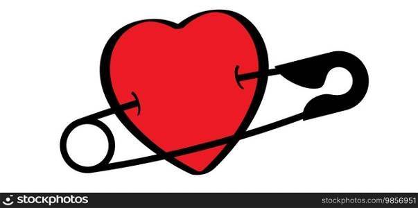 Love heart, 14 february, valentine or valentines day. Safety pin. Opened and closed pins. pierced and clipping path sign. Vector safetypin icon. Open and close safety pins.