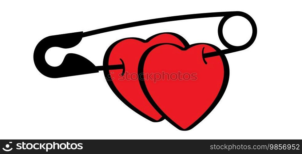 Love heart, 14 february, valentine or valentines day. Safety pin. Opened and closed pins. pierced and clipping path sign. Vector safetypin icon. Open and close safety pins.