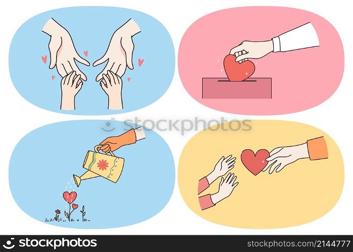 Love heart and help concept. Human hands touching babies hands putting heart to donation box watering love and giving heart to another person illustration. Love heart and help concept