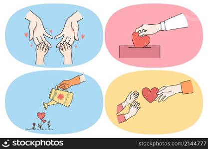 Love heart and help concept. Human hands touching babies hands putting heart to donation box watering love and giving heart to another person illustration. Love heart and help concept