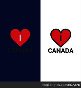 Love, Heart, Canada Icons. Flat and Line Filled Icon Set Vector Blue Background