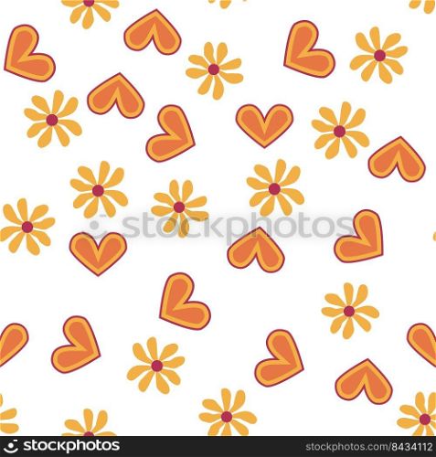 Love heart, daisies, waves of positivity retro 70s seamless pattern. Yellow, orange, red scattered heart shapes on a swirling background. Cool, groovy design in the style of the seventies.. Love heart, daisies, waves of positivity retro 70s seamless pattern. Yellow, orange, red scattered heart shapes on a swirling background