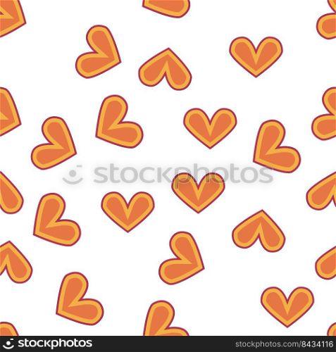 Love heart, daisies, waves of positivity retro 70s seamless pattern. Yellow, orange, red scattered heart shapes on a swirling background. Cool, groovy design in the style of the seventies.. Love heart, daisies, waves of positivity retro 70s seamless pattern. Yellow, orange, red scattered heart shapes on a swirling background
