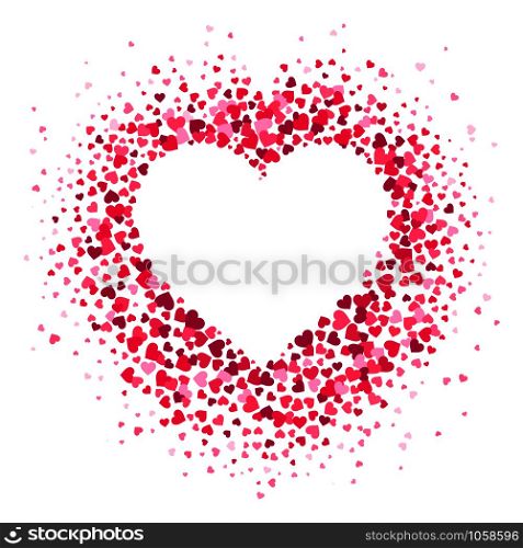 Love heart frame. Scattered hearts confetti in heart shape, valentines card and romance shapes scatter. Decorative hearted shaped invitation or greeting vector illustration background. Love heart frame. Scattered hearts confetti in heart shape, valentines card and romance shapes scatter vector illustration background