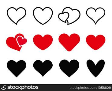 Love heart icon. Loving hearts, red like and lovely romance outline symbols. Valentine lovely passion hearted emotional drawn or valentines day loving postcards vector isolated icons set. Love heart icon. Loving hearts, red like and lovely romance outline vector icons set