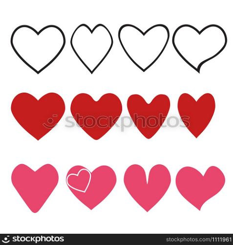Love heart icon. Loving hearts, red like and lovely romance outline symbols. Valentine lovely passion hearted emotional drawn or valentines day loving postcards vector isolated icons set