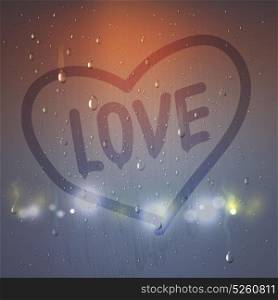 Love Heart On Misted Glass Composition. Realistic love heart on misted glass composition with heart painted a finger on sweaty glass vector illustration