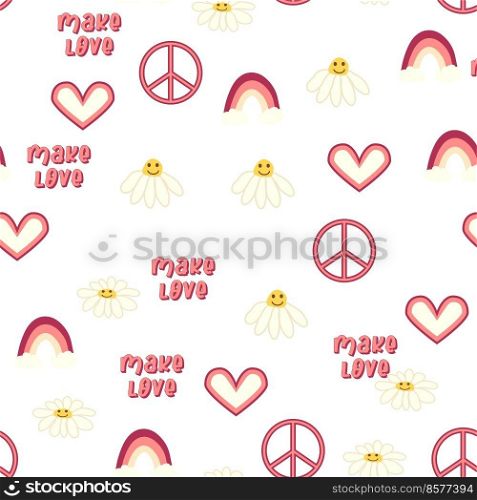 Love heart, peace symbol, rainbow retro 70s seamless pattern. Scattered heart shapes on a swirling background. groovy design in the style of the seventies.. Love heart, peace symbol, rainbow retro 70s seamless pattern. Scattered heart shapes on a swirling background.