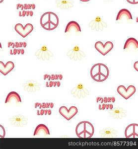 Love heart, peace symbol, rainbow retro 70s seamless pattern. Scattered heart shapes on a swirling background. groovy design in the style of the seventies.. Love heart, peace symbol, rainbow retro 70s seamless pattern. Scattered heart shapes on a swirling background.