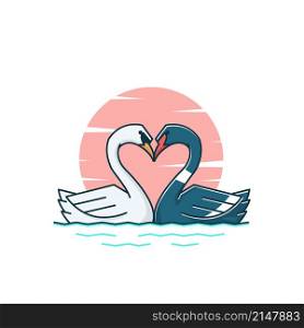 Love Heart Swan Goose Couple Duck Swimming Vector Cartoon