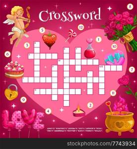 Love heart vector crossword with cake, hearts and sweets, flowers and magic potion. Crossword grid worksheet or find a word quiz game template with Valentine Day romantic holiday Cupid and gifts. Love heart vector crossword with cake and hearts