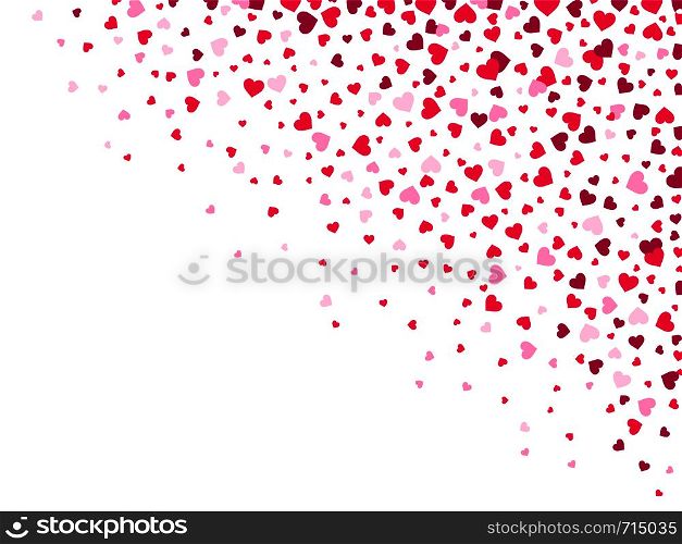 Love hearts. Falling loving hearts, lovely confetti splash scattering from top corner and romantic valentines, date or wedding romantic heart gift card vector background. Love hearts. Falling loving hearts, lovely confetti splash scattering from top corner and romantic valentines vector background