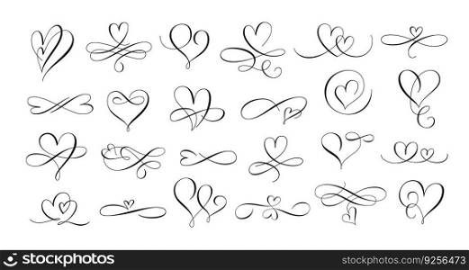 Love hearts flourish. Calligraphy hand drawn heart, romantic text divider and lovely twirl line scribble vector set of calligraphy love flourish, wedding decoration. Love hearts flourish. Calligraphy hand drawn heart, romantic text divider and lovely twirl line scribble vector set