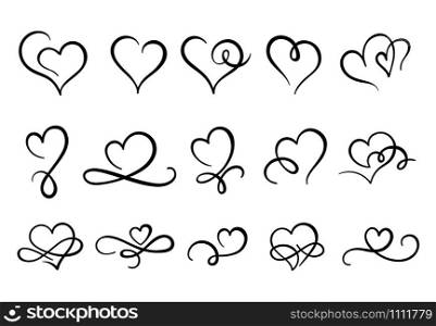 Love hearts flourish. Heart shape flourishes, ornate hand drawn romantic hearts and valentines day symbol. February 14 greeting card logo, valentine line sketch sign. Isolated vector icons set. Love hearts flourish. Heart shape flourishes, ornate hand drawn romantic hearts and valentines day symbol vector set