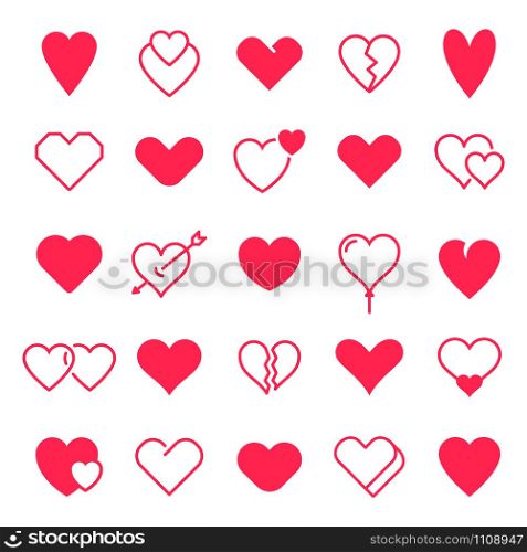 Love hearts icon. Abstract red loving heart symbols for valentines day, outline lovely red heart elements and love silhouette icons vector isolated set. Romance linear and filled symbol bundle. Love hearts icon. Abstract red loving heart symbols for valentines day, outline lovely red heart elements and love silhouette icons vector isolated set. Contour and filled sign pack