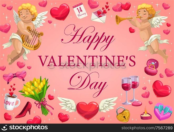 Love hearts, ring and Cupids vector greeting card of Valentines Day holiday. Romantic gifts, love letter envelope and flower bouquet, candies, wine and calendar, cherubs with arrows, harp, pipe. Valentines Day holiday romantic gifts