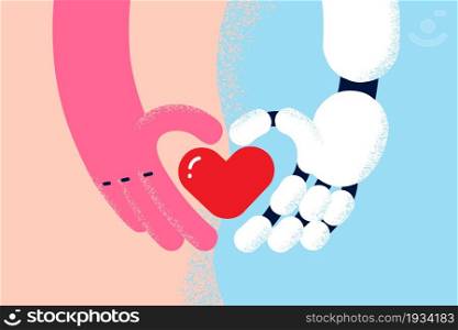 Love, human and robotic concept. Human and robot hands holding red heart together as symbol of love care and tenderness vector illustration . Love, human and robotic concept.