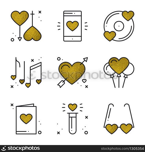 Love icons in gold. Heart shape vector illustration. Love couple, relationship, dating wedding, romantic, amour concept theme. Unique Valentine day elements. Love icons in gold. Heart shape vector illustration. Love couple, relationship, dating wedding, romantic, amour concept theme. Unique Valentine day elements.