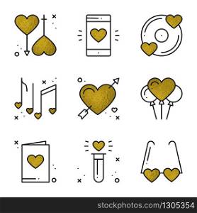 Love icons in gold. Heart shape vector illustration. Love couple, relationship, dating wedding, romantic, amour concept theme. Unique Valentine day elements. Love icons in gold. Heart shape vector illustration. Love couple, relationship, dating wedding, romantic, amour concept theme. Unique Valentine day elements.