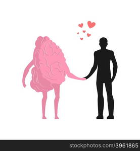 Love in human brain. Man and mind. Lovers holding hands. Romantic illustration