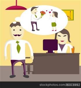 Love in office. Man manager wants to give flowers to a woman in the office on Valentine&rsquo;s Day. Flat vector illustration