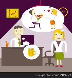 Love in office. Woman manager wants to marry a man called her, and the man dreams of a mug of beer in an office on Valentine&rsquo;s Day. Flat vector illustration