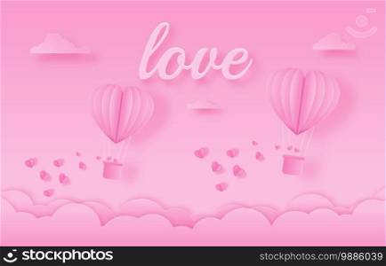 Love Invitation card Valentine’s day balloon heart on abstract background with text of love, Clouds, Paper cut mini heart. Vector illustration design