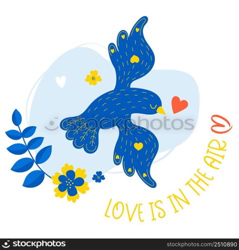 Love is in the air. Postcard with beautiful blue bird on background of flowers. Vector illustration for decor, design, print, covers, valentines, romantic cards and postcards