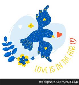 Love is in the air. Postcard with beautiful blue bird on background of flowers. Vector illustration for decor, design, print, covers, valentines, romantic cards and postcards