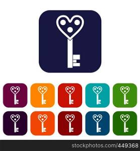 Love key icons set vector illustration in flat style In colors red, blue, green and other. Love key icons set flat