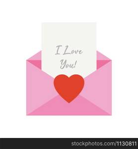 "Love letter. Pink envelope with "i love you" text on the card. Vector illustration for Valentine&rsquo;s Day."