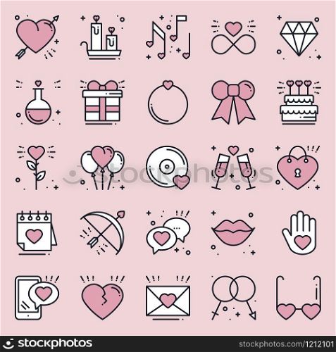 Love line icons concept set. Happy Valentine s day pink signs and symbols. Love, couple, relationship, dating, wedding, holiday, romantic theme. Heart lips gift
