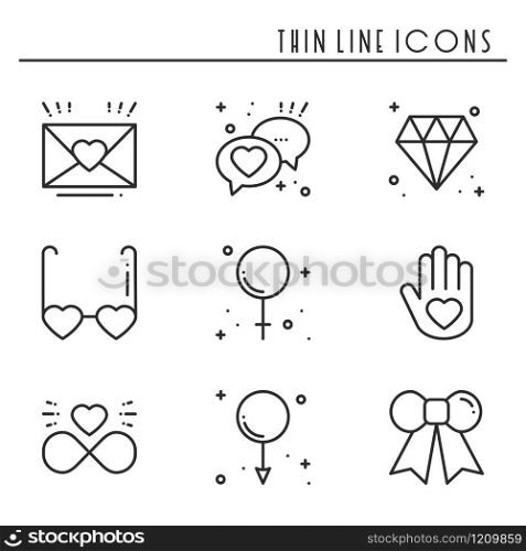 Love line icons set. Happy Valentine day signs and symbols. Love, couple, relationship, dating, wedding, holiday, romantic amour theme. Heart gift. Love line icons set. Happy Valentine day signs and symbols. Love, couple, relationship, dating, wedding, holiday, romantic amour theme. Heart, gift.