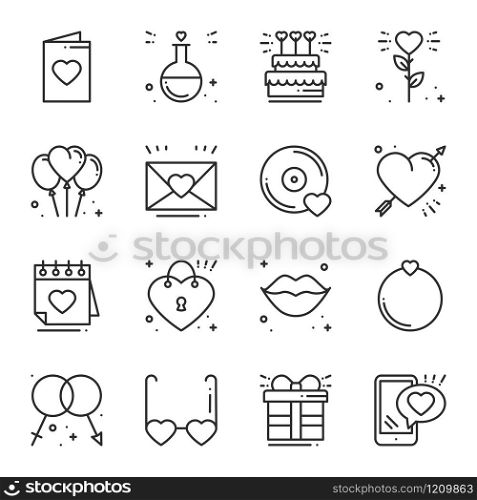 Love line icons set. Happy Valentine day signs and symbols. Love, couple, relationship, dating, wedding, holiday, romantic amour theme. Heart lips gift. Love line icons set. Happy Valentine day signs and symbols. Love, couple, relationship, dating, wedding, holiday, romantic amour theme. Heart, lips, gift.