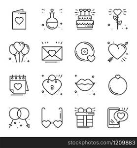 Love line icons set. Happy Valentine day signs and symbols. Love, couple, relationship, dating, wedding, holiday, romantic amour theme. Heart lips gift. Love line icons set. Happy Valentine day signs and symbols. Love, couple, relationship, dating, wedding, holiday, romantic amour theme. Heart, lips, gift.