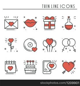 Love line icons set. Happy Valentine day signs and symbols. Love, couple, relationship, dating, wedding, holiday, romantic theme. Heart lips gift. Love line icons set. Happy Valentine day signs and symbols. Love, couple, relationship, dating, wedding, holiday, romantic theme. Heart, lips, gift.