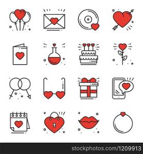 Love line icons set. Happy Valentine day signs and symbols. Love, couple, relationship, dating, wedding, holiday, romantic theme. Heart lips gift. Love line icons set. Happy Valentine day signs and symbols. Love, couple, relationship, dating, wedding, holiday, romantic theme. Heart, lips, gift.