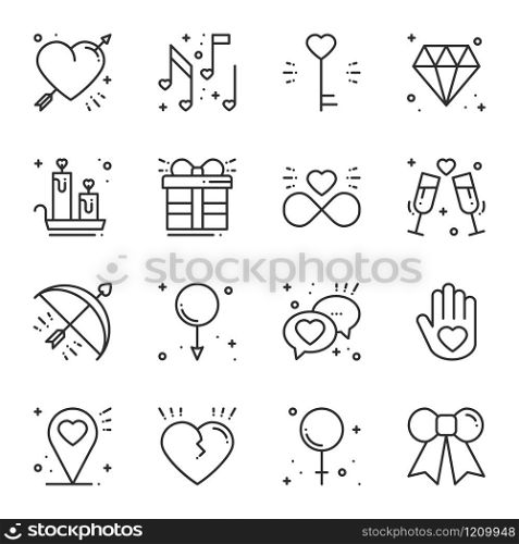 Love line icons set. Happy Valentine day signs and symbols. Love, couple, relationship, dating, wedding, holiday, romantic amour theme. Heart gift. Love line icons set. Happy Valentine day signs and symbols. Love, couple, relationship, dating, wedding, holiday, romantic amour theme. Heart, gift.