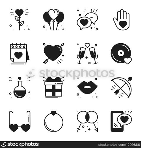 Love line icons set. Happy Valentine day silhouette signs and symbols. Love, couple, relationship, dating, wedding, holiday, romantic theme. Heart lips gift. Love line icons set. Happy Valentine day silhouette signs and symbols. Love, couple, relationship, dating, wedding, holiday, romantic theme. Heart, lips, gift.