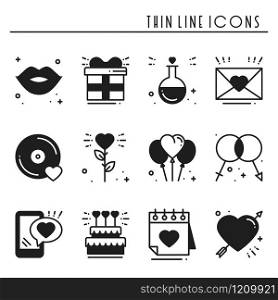 Love line icons set. Happy Valentine day silhouette signs and symbols. Love, couple, relationship, dating, wedding, holiday, romantic amour theme. Heart lips gift. Love line icons set. Happy Valentine day silhouette signs and symbols. Love, couple, relationship, dating, wedding, holiday, romantic amour theme. Heart, lips, gift.