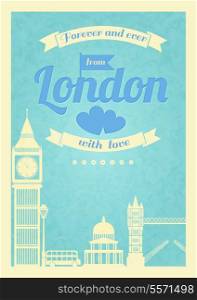 Love London vintage retro poster with big ben bridge and flyer vector illustration