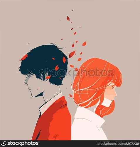 Love man woman relationship concept, hard love concept. Man and woman back to back. Hearts in background. Complicated love, communication problem, separation, love therapy. EPS 10. Vector illustration. Love man woman relationship concept, hard love concept. Man and woman back to back. Hearts in background. Complicated love, communication problem, separation, love therapy. EPS 10.