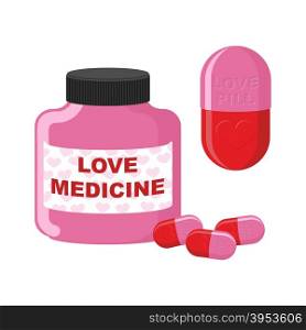 Love medicine. Bottle with pills of love. Vector illustration of medicines.