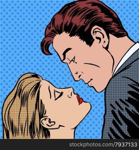 Love men and women kiss pop art comics retro style Halftone. Love men and women kiss pop art comics retro style Halftone. Imitation of old illustrations. Romantic date