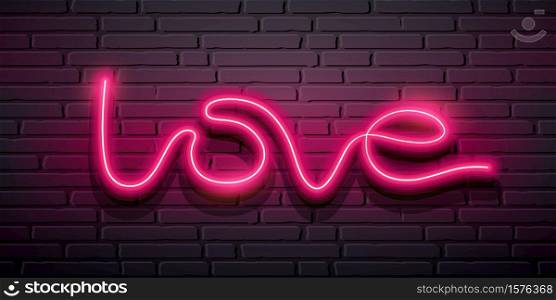 Love message, Neon iight pink, design on block wall black background, Eps 10 vector illustration