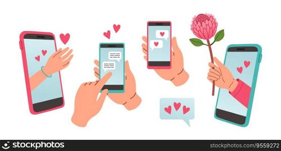 Love message set. Hand holding phone with love or like notification messages, Happy Valentines day design concept. Eps10. Vector illustration