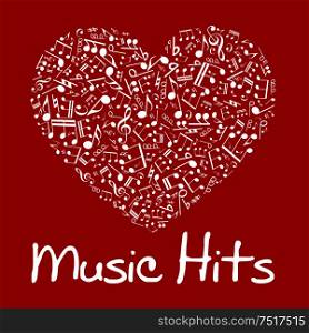 Love music concept design of vibrant red and white musical heart composed of notes and chords, treble and bass clefs, sharp and flat accidentals with caption Music Hits below. Music heart with notes and musical symbols